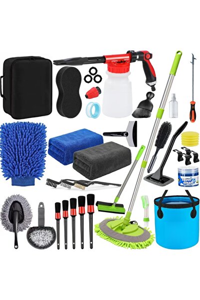 ET-LIFE مجموعة أدوات غسيل السيارات المكونة من 36 قطعة مع حقيبة ودلو قابل للطي ومجموعة لوازم غسيل السيارات