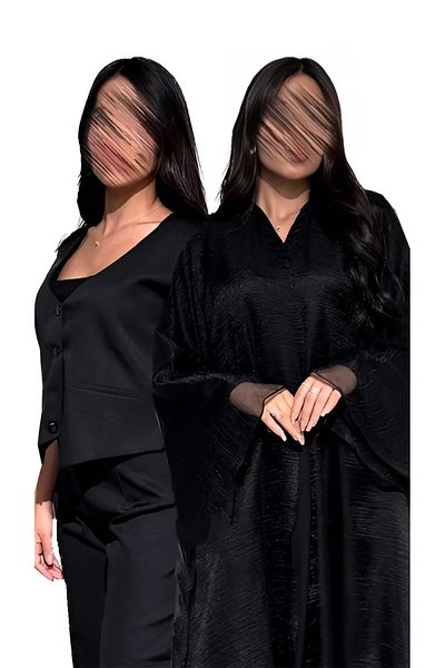 outline Black silk taffeta abaya set with embossed roses and an under-abaya dress