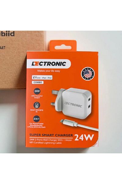 LeCtronic Electronics - 2-Port USB Wall Charger + Apple Certified 24W USB iPhone Cable - White