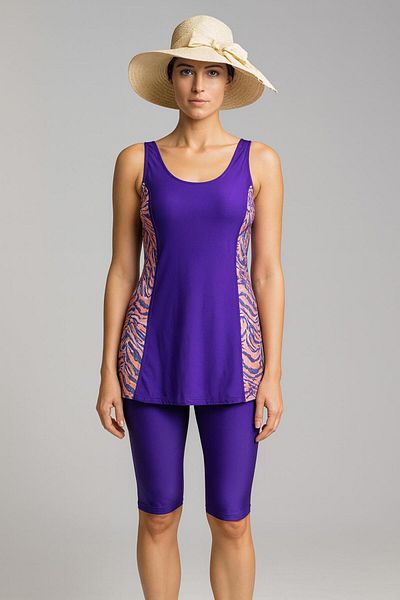 Ruko Maio Purple Color Patterned Lycra 2 Piece Semi-Covered Swimsuit Set – Built-In Bustier 25159