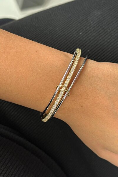 TAKIŞTIR سوار ثلاثي مزين بالأحجار الكريمة باللونين الذهبي والفضي