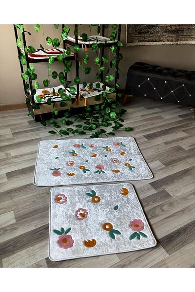 Doruklar Home Collection Digital Printing Non-Slip Base Washable 2-Piece Punch Bathroom Mat Set Pcp002