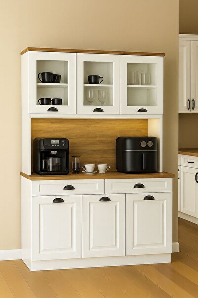 Genel Markalar ÜCRETSİZ MONTAJ LED Işıklı Beyaz Mutfak & Kahve Köşesi Dolabı – çok amaçlı dolap kiler