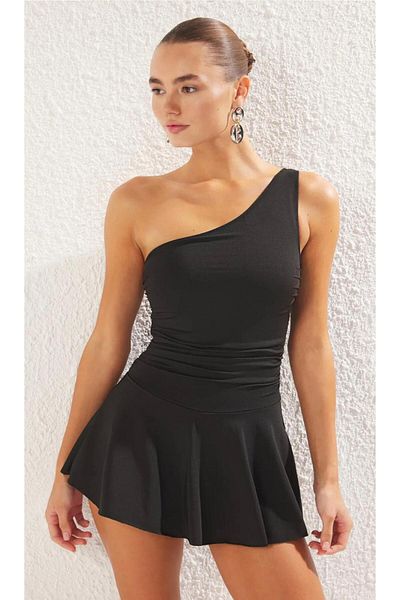 Tight Lady One Shoulder Belly Pleated United Shorts Skirted Chest Pad Black Swimsuit Dress Casual - Pool -Beach