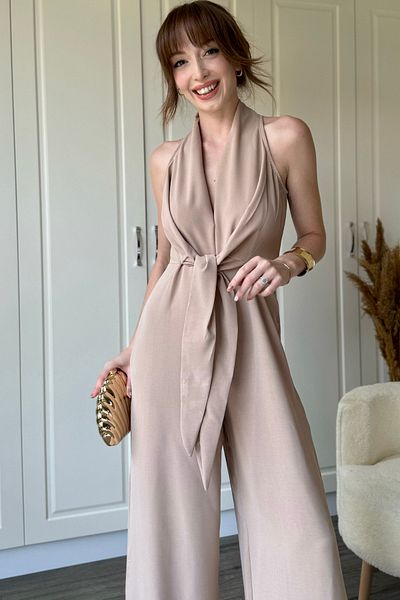 Dilay Gökoğlu Butik Beige Front Tie Wide Leg Jumpsuit