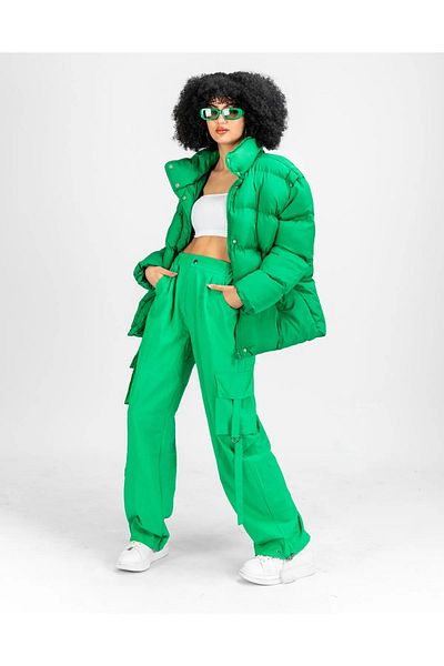 Bak Moda Parachute Fabric Pocket Detailed Belted Women's Green Cargo Trousers