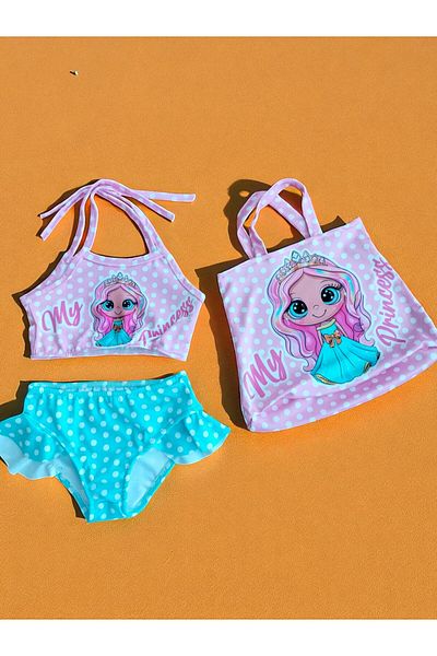 MİLAYS LİFE HOME COLLECTİON Girl's Character Printed Skirt with Ruffles - Rope Tie Bag Swimsuit Bikini 3 Piece Set