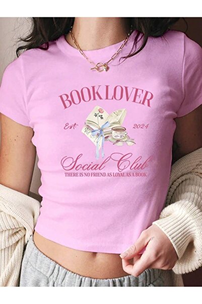 OVER HEAD Tricou pentru femei, roz Book Lover cu imprimeu Baby Tee Crop tricou