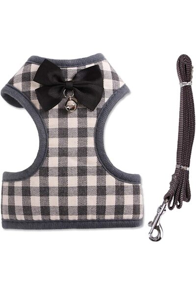 EDA LUXURY BEAUTY 2-Piece Special Dog Cat Luxury Bell Bow Tie Chest Collar & Travel Outfit Small Breed Fancy Leash Set