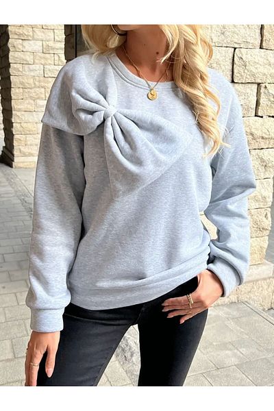 caddekombin Women's Large Ribbon Detailed Crew Neck Woolen Gray Sweatshirt
