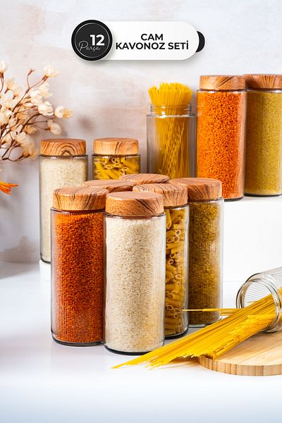 Homekolik 12 Pieces 1500 ml Glass Jar Set – Bamboo Lid Appearance, Airtight