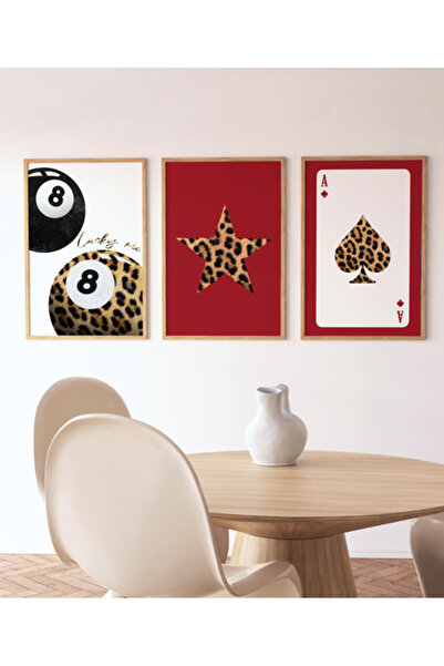 512 STORE 3'lü Estetik Leopar Red Serisi Duvar Dekor Çerçevesiz Poster