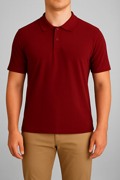 FATELLA تي شيرت لاكوست برقبة بولو وأكمام قصيرة باللون الأحمر الداكن للجنسين -...