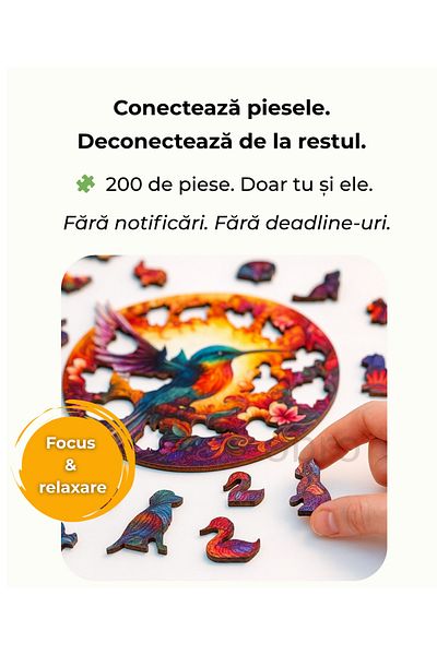 OBRO Creative Wooden Puzzle, 200 Pieces - Round A3 Mandala Design, with Hummingbird Bird