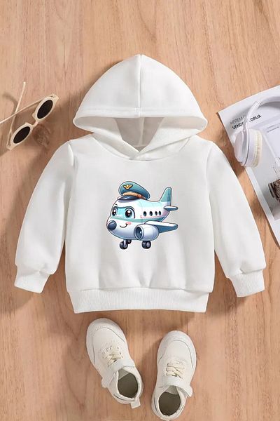 VBSVİBES Children's White Hooded Sweatshirt – Plane Printed, Thick Fabric with Hood