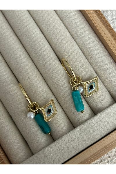 ringbox Pearl and Eye Detailed Dangle Gold Earrings