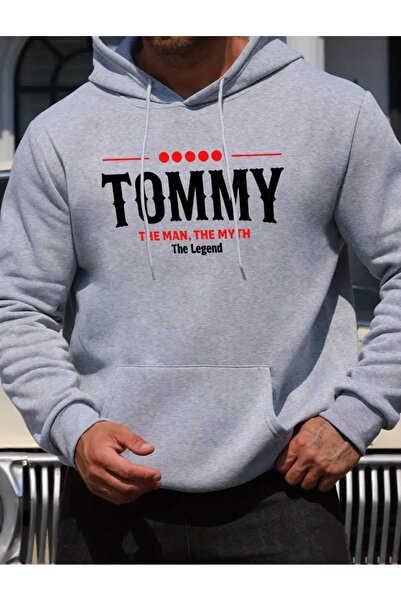caddekombin Tommy the Legend Printed Hooded Pocket Wool Inside Gray Sweatshirt
