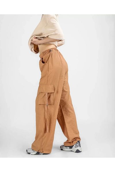 Bak Moda Parachute Fabric Pocket Detailed Belted Women's Brown Cargo Pants