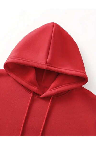caddekombin Červená mikina s kapucí a potiskem ve tvaru trojúhelníku a kapsami z bavlny