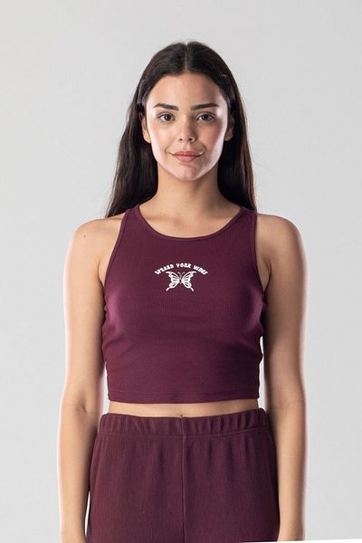 Mood Lab Top cu bretele halter, crop, cu slogan, din bumbac tricotat, camizolă din cașmir cu lycra.