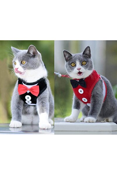 EDA LUXURY BEAUTY 2'li Özel Köpek Kedi Lüks Papyonlu Göğüs Tasması & Gezdirme Kıyafeti Küçük Irk Süslü Pet Leash Set