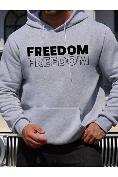 caddekombin Μπλουζάκι με κουκούλα Freedom Mirror με στάμπα, με τσέπες και εσωτερικό μάλλινο γκρι χρώμα