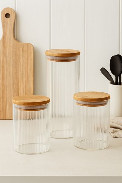 NazeL Store Set of 3 Vacuum Bamboo Lid Glass Jars and Spice Pulses (350-350-800)