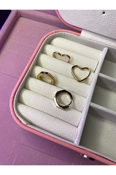 TATLIŞ 2 Pairs of Steel Earrings Heart and Ring-Shaped 2 Pairs of Steel Gold Color Earrings