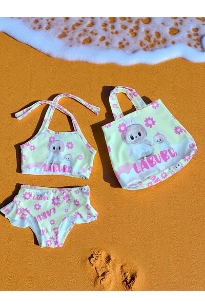 MİLAYS LİFE HOME COLLECTİON Girl's Character Printed Skirt with Ruffles - Rope Tie Bag Swimsuit Bikini 3 Piece Set