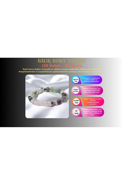 TAKI DERYASI Pisces Compatible Natural Stone Bracelet – Amethyst, Pink Quartz, Fluorite and Moonstone Combination