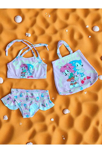 MİLAYS LİFE HOME COLLECTİON Girl's Character Printed Skirt with Ruffles - Rope Tie Bag Swimsuit Bikini 3 Piece Set