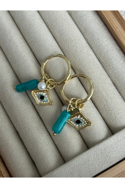 ringbox Pearl and Eye Detailed Dangle Gold Earrings