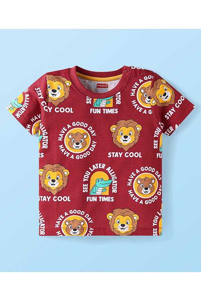 Babyhug Co-Ords Shorts Night Suit With Animal & Text Print - Maroon