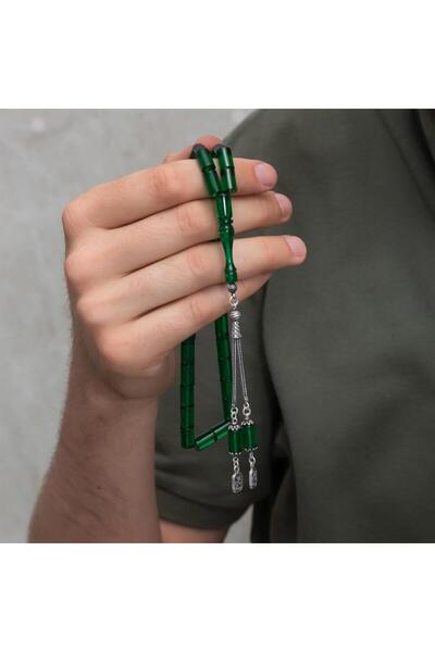 ALYANSEVİM 925 Sterling Silver Tasseled Cylinder Cut Green Amber Rosary