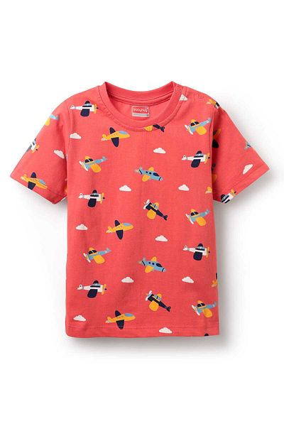 Babyhug Cotton Knit Half Sleeves T-Shirt and Shorts With Aeroplane Print - Red