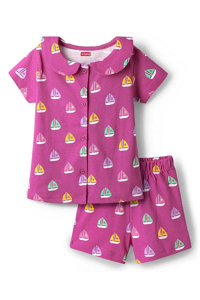 Babyhug Cotton Knit Half Sleeves Shirt and Shorts Set with Ship Print - Pink