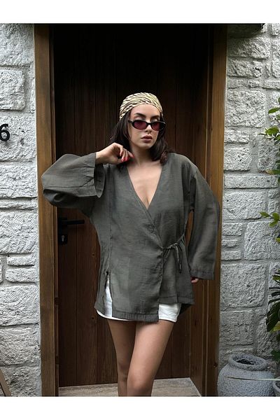 minaaise Anthracite Fine Modal Fabric Tied Kimono Jacket 29306