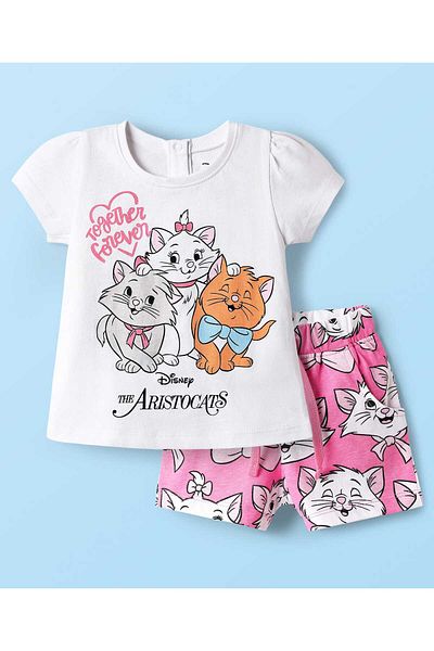 Babyhug Disney Single Jersey Short Night Suit with Aristocats Marie Graphics - Pink & White