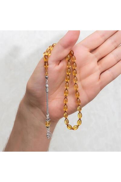 ALYANSEVİM 925 Sterling Silver Tasseled Light Yellow Amber Prayer Beads