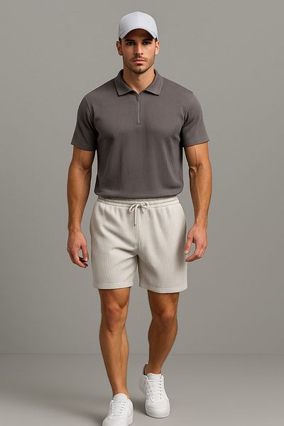 NewCabin Ribbed Ottoman Premium Fabric Half Zipper Unisex T-Shirt and Shorts Set of 2
