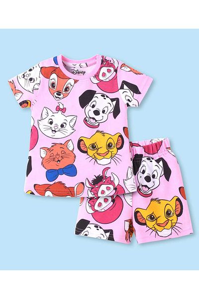 Babyhug Disney Single Jersey Knit Half Sleeves Shorts Night Suit - Light Pink