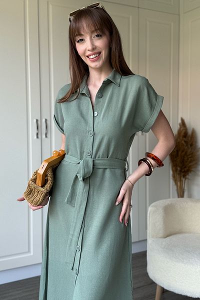 Dilay Gökoğlu Butik Linen Shirt Khaki Dress