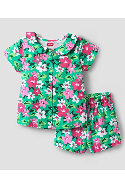 Babyhug شورت نوم قطني مفتوح من الأمام بأكمام نصفية مع طبعة زهور - أخضر