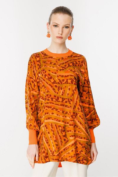 Ghisa Knitwear Detailed Tunic Benek Patterned Orange