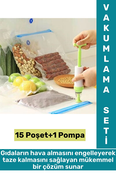 Wintoup Kolay Kullanım Et Sebze Balık Gıda Manuel Pompalı Vakumlama Saklama Poşeti Özel Set 15 Poşet+1 Pompa