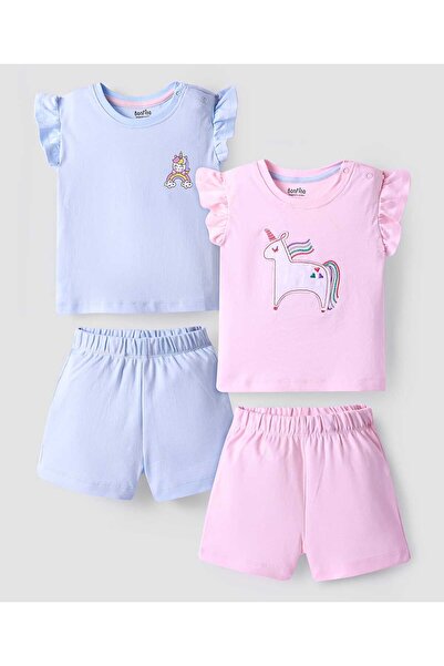 Bonfino طقم شورت مع تيشيرت مطبوع عليه يونيكورن (عبوة من قطعتين) - أزرق ووردي