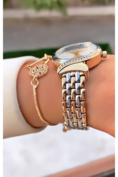 Homies Marka Sarı Gümüş Renk 2 Yıl Garantili Su Geçirmez Kadın Kol Saati - Bileklik Hediyeli