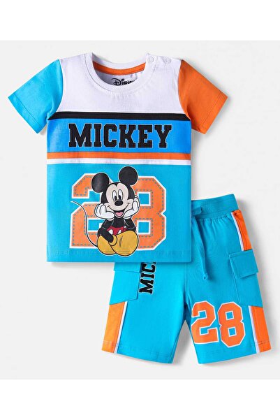 Babyhug Disney T-Shirt and Shorts Set with Mickey Mouse Graphic - Light Blue