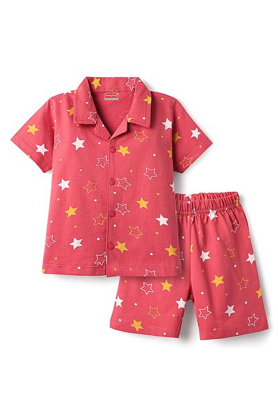 Babyhug Cotton Knit Front Open Half Sleeves Shirt and Shorts Set with Star Print - Red
