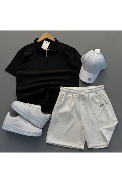 NewCabin Ribbed Ottoman Premium Fabric Half Zipper Unisex T-Shirt and Shorts Set of 2